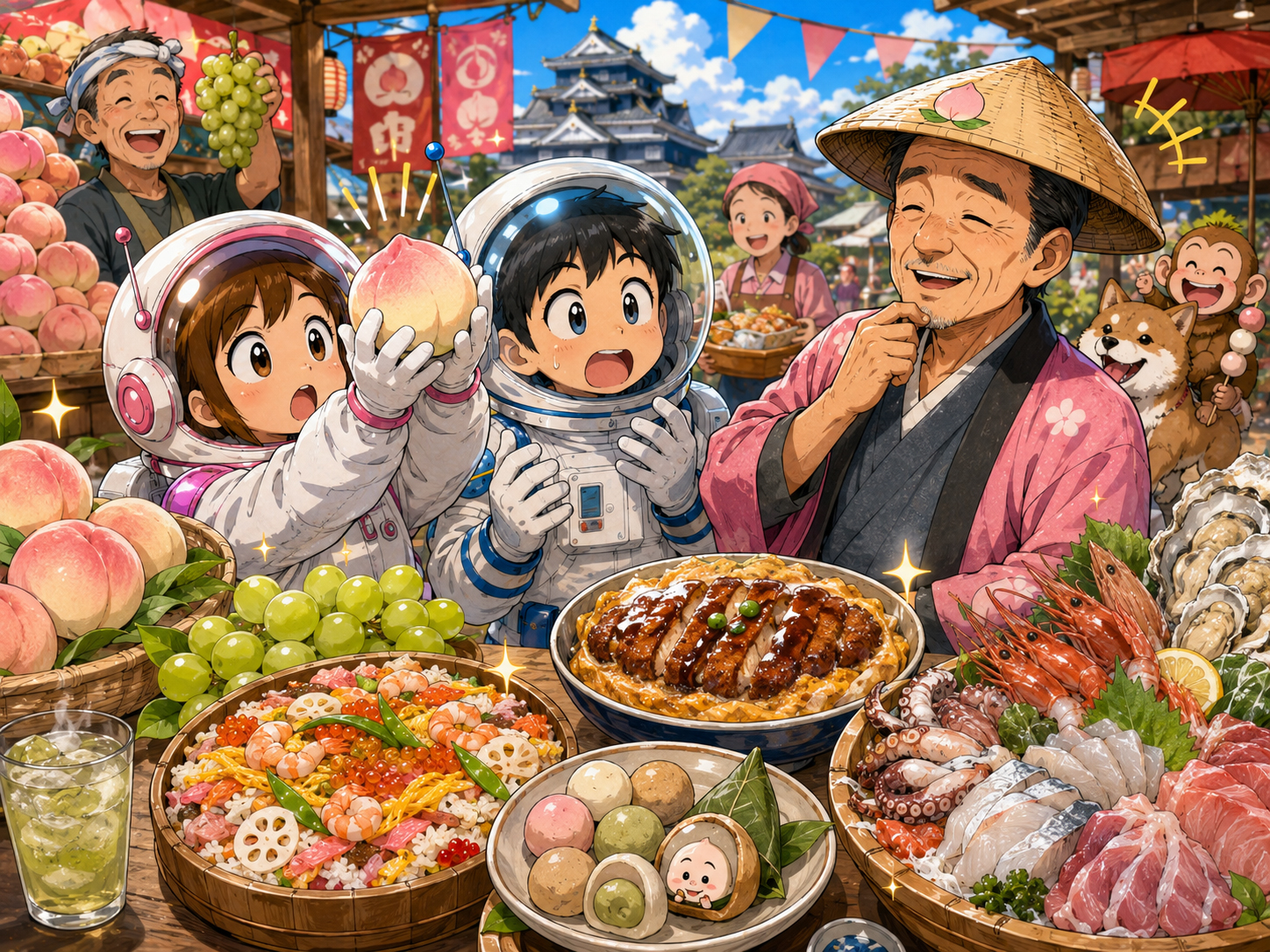 白桃、マスカット、ばら寿司、デミカツ丼を前にする宇宙飛行士と岡山のおじさん