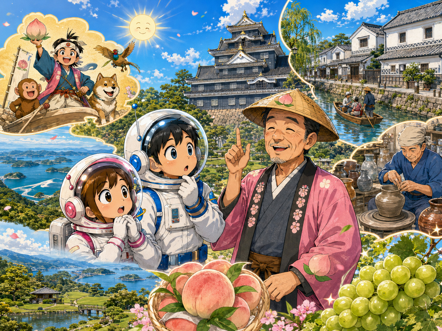 宇宙飛行士に桃太郎、倉敷、備前、瀬戸内を説明する岡山のおじさん