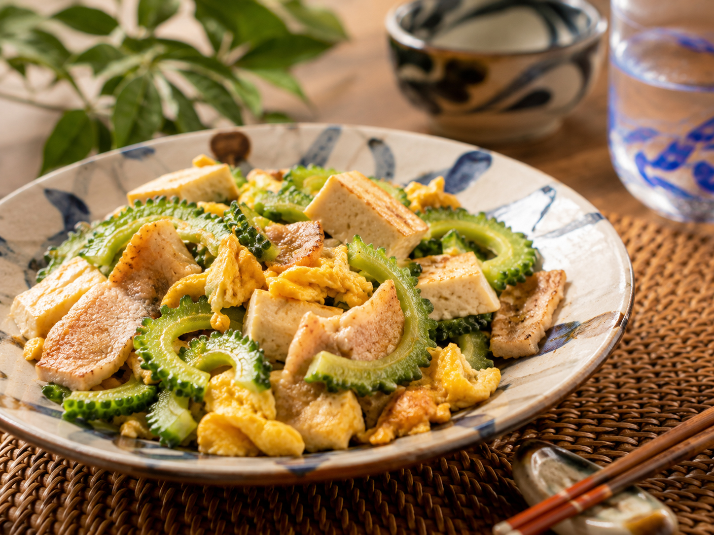 ゴーヤーチャンプルー。苦瓜、島豆腐、卵、豚肉の炒め物。