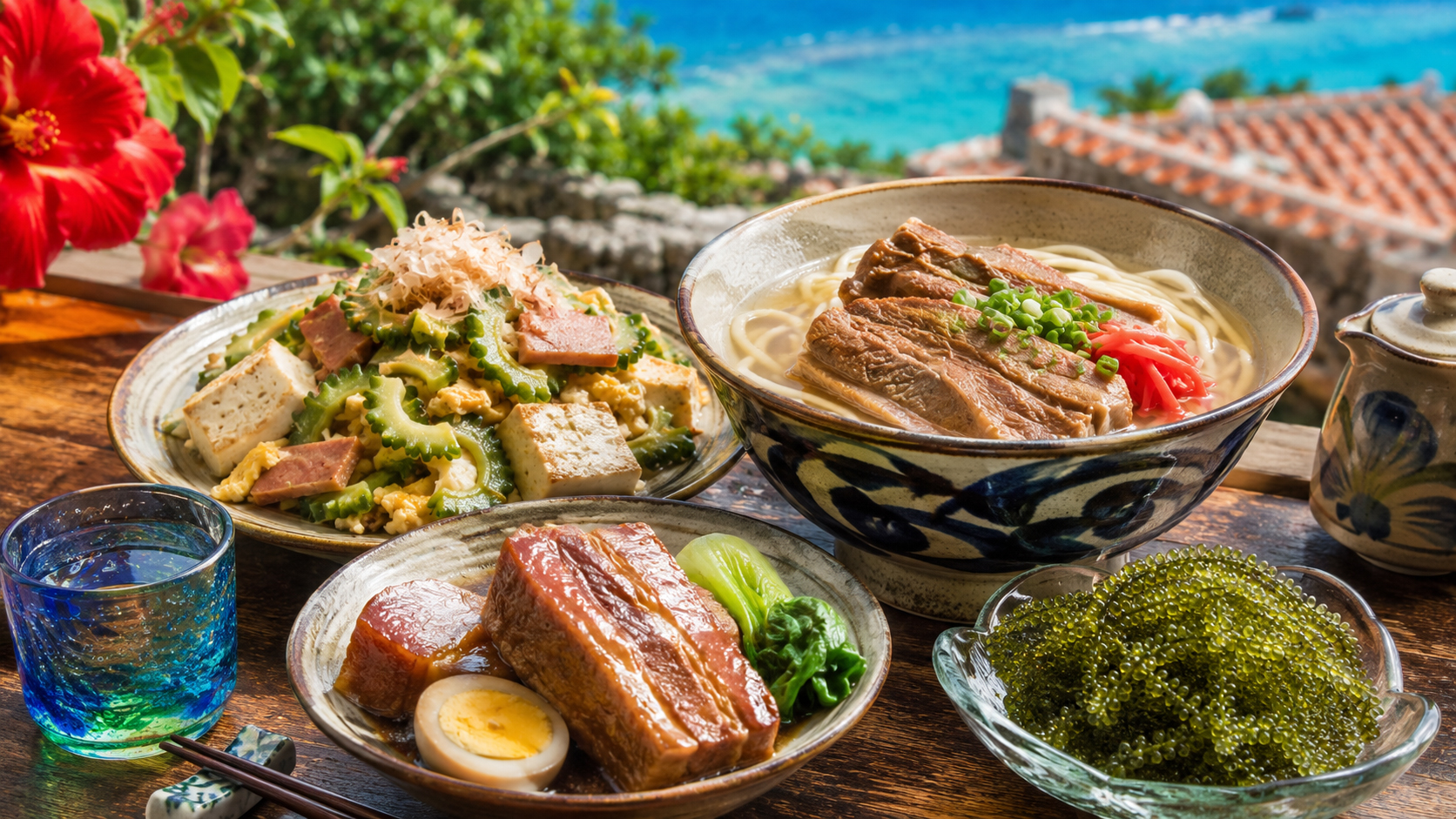 沖縄そば、ゴーヤーチャンプルー、ラフテー、海ぶどうが並ぶ沖縄の食卓。