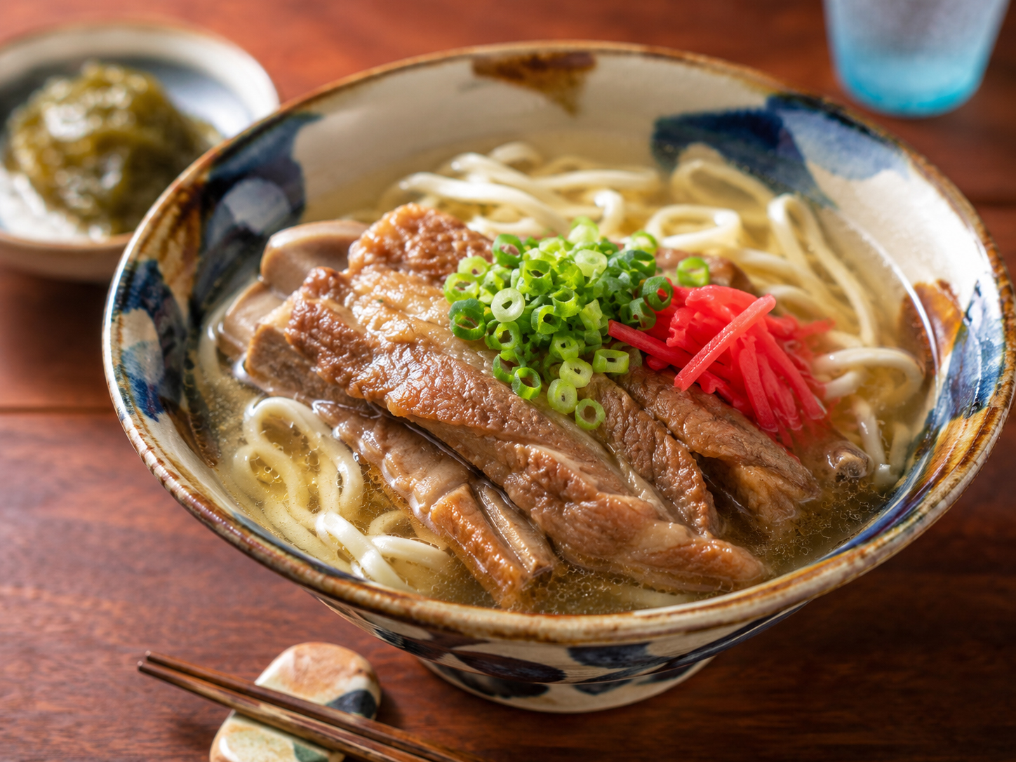 沖縄そば。ソーキ、三枚肉、かまぼこ、紅しょうががのる沖縄の麺。