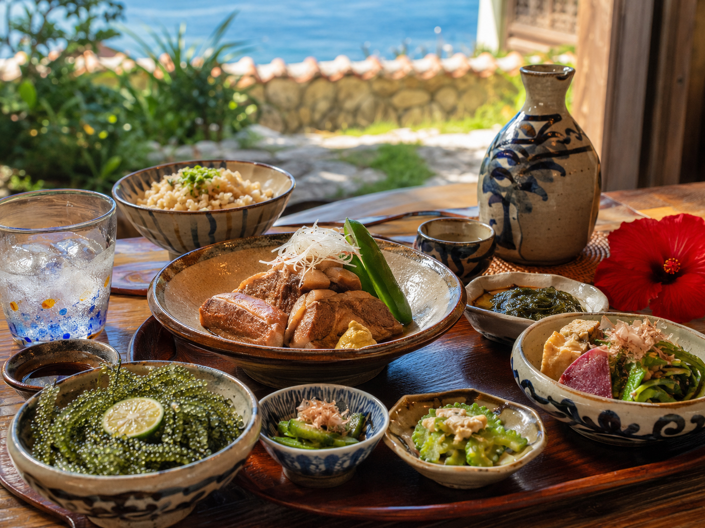 琉球料理、沖縄の海、泡盛、島豆腐、海ぶどうを思わせる食卓。