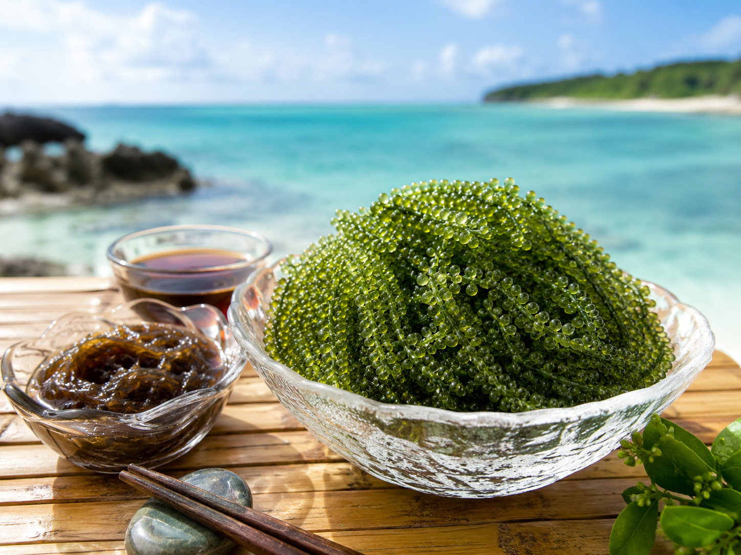 海ぶどう、もずく、島魚、沖縄の海の食卓。