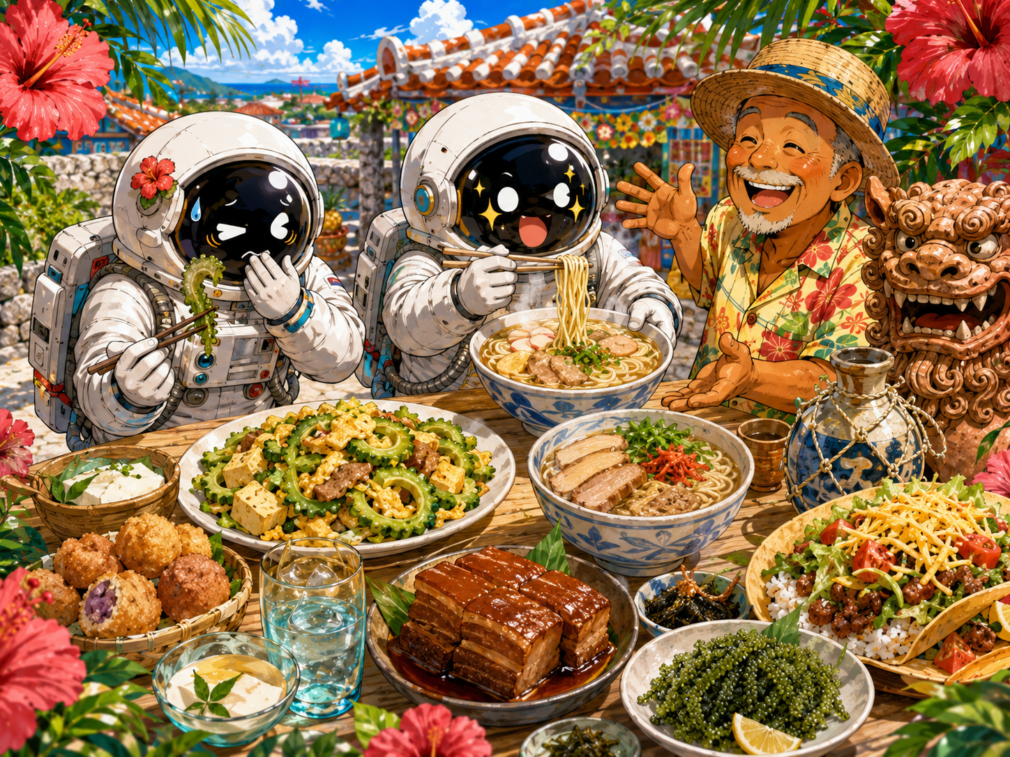 ゴーヤーチャンプルー、沖縄そば、ラフテー、泡盛を前にする宇宙飛行士と沖縄のおじさん