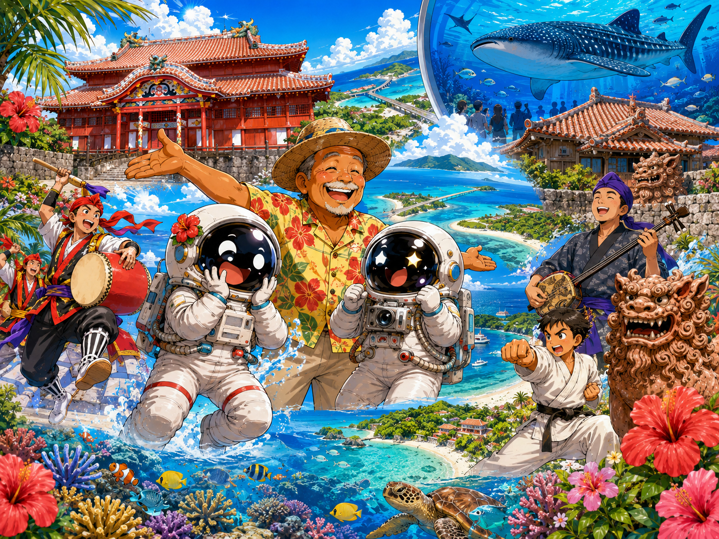宇宙飛行士に琉球、美ら海、島々、空手を説明する沖縄のおじさん