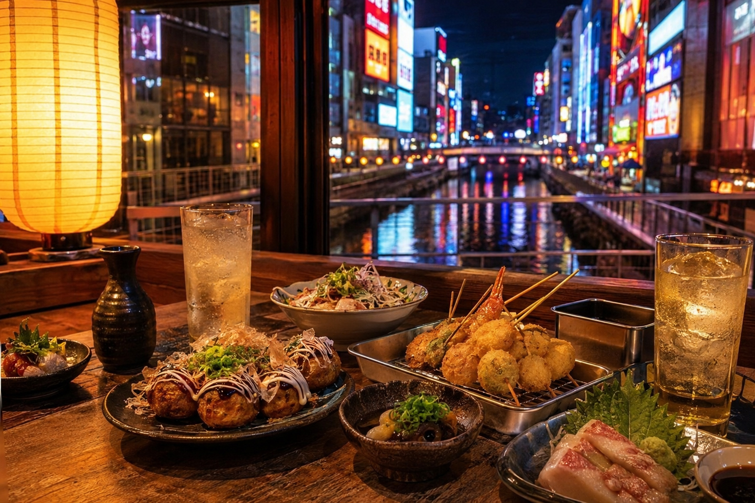 道頓堀の夜景と大阪名物が並ぶ食卓。