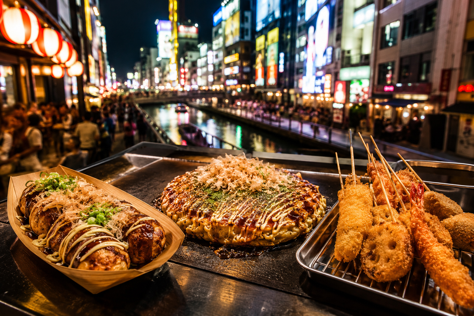 たこ焼き、お好み焼き、串カツ、道頓堀の灯りが重なる大阪の食卓。