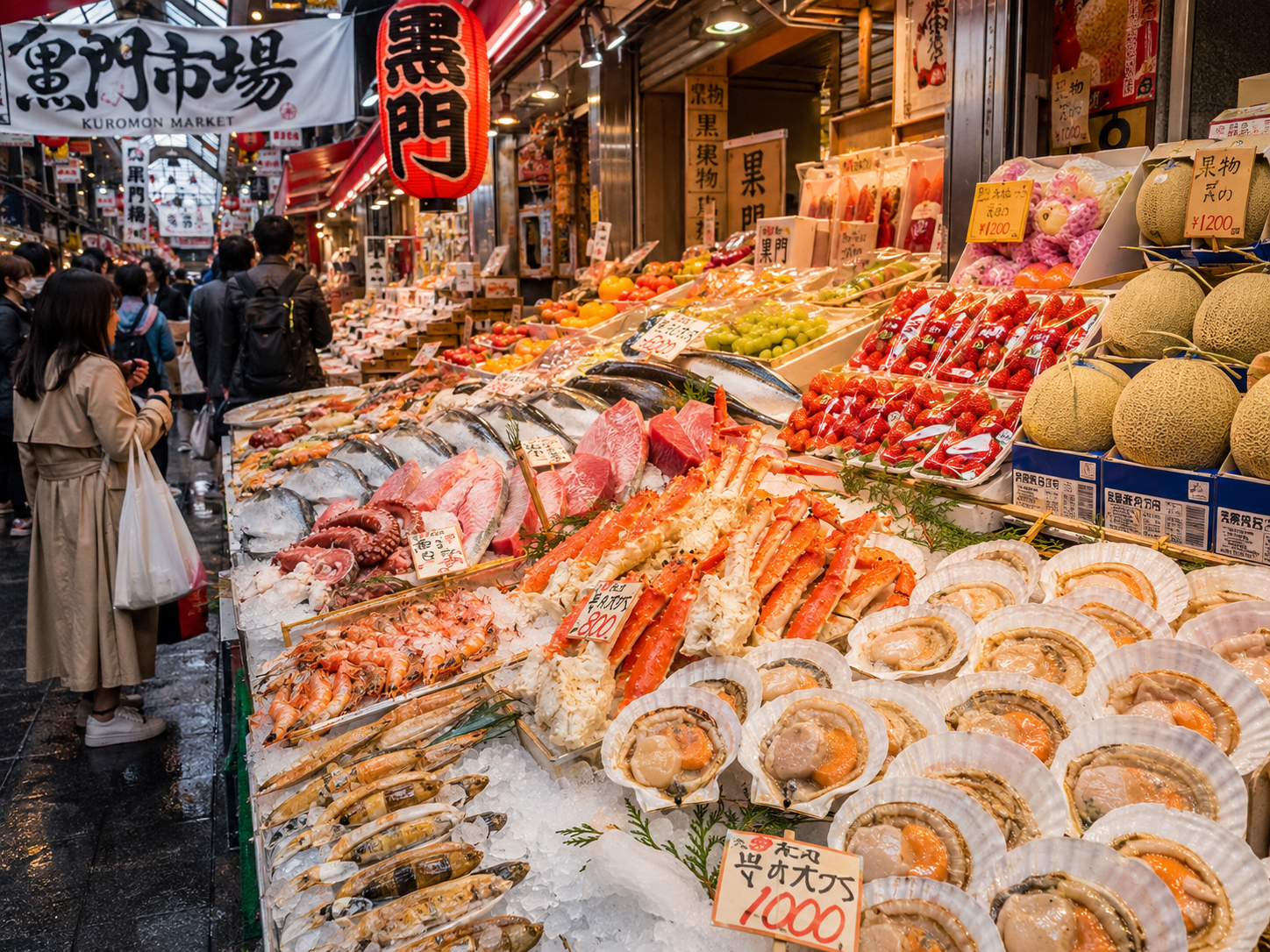 黒門市場の魚介、果物、惣菜が並ぶ大阪の市場。