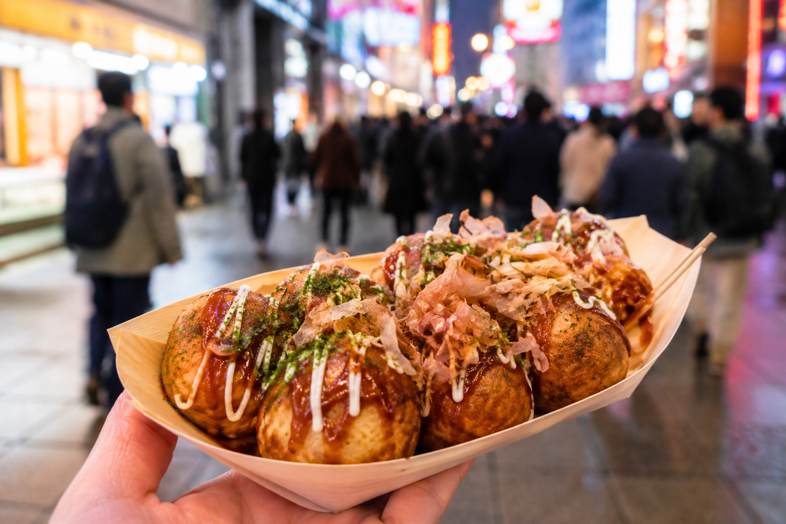 大阪なんばのたこ焼き。舟皿にのった熱いたこ焼き。