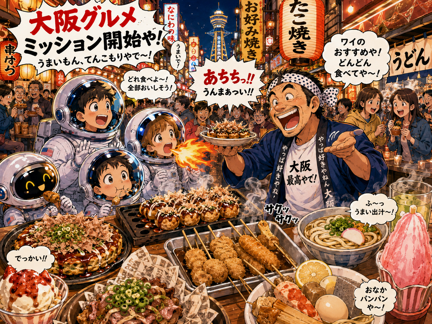 たこ焼き、お好み焼き、串カツを前にする宇宙飛行士と大阪のおじさん