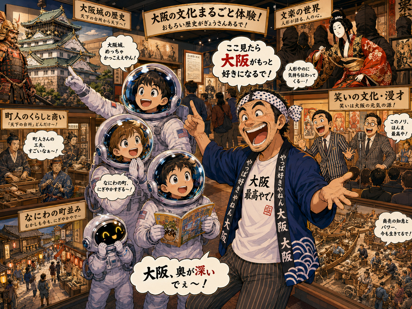 文楽、漫才、商人文化、大阪城を学ぶ宇宙飛行士