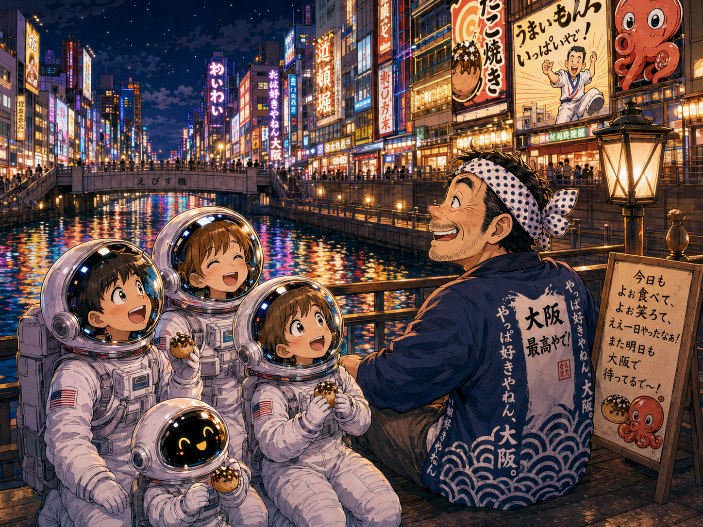 夜の道頓堀、水路、ネオン、星を眺める宇宙飛行士と大阪のおじさん