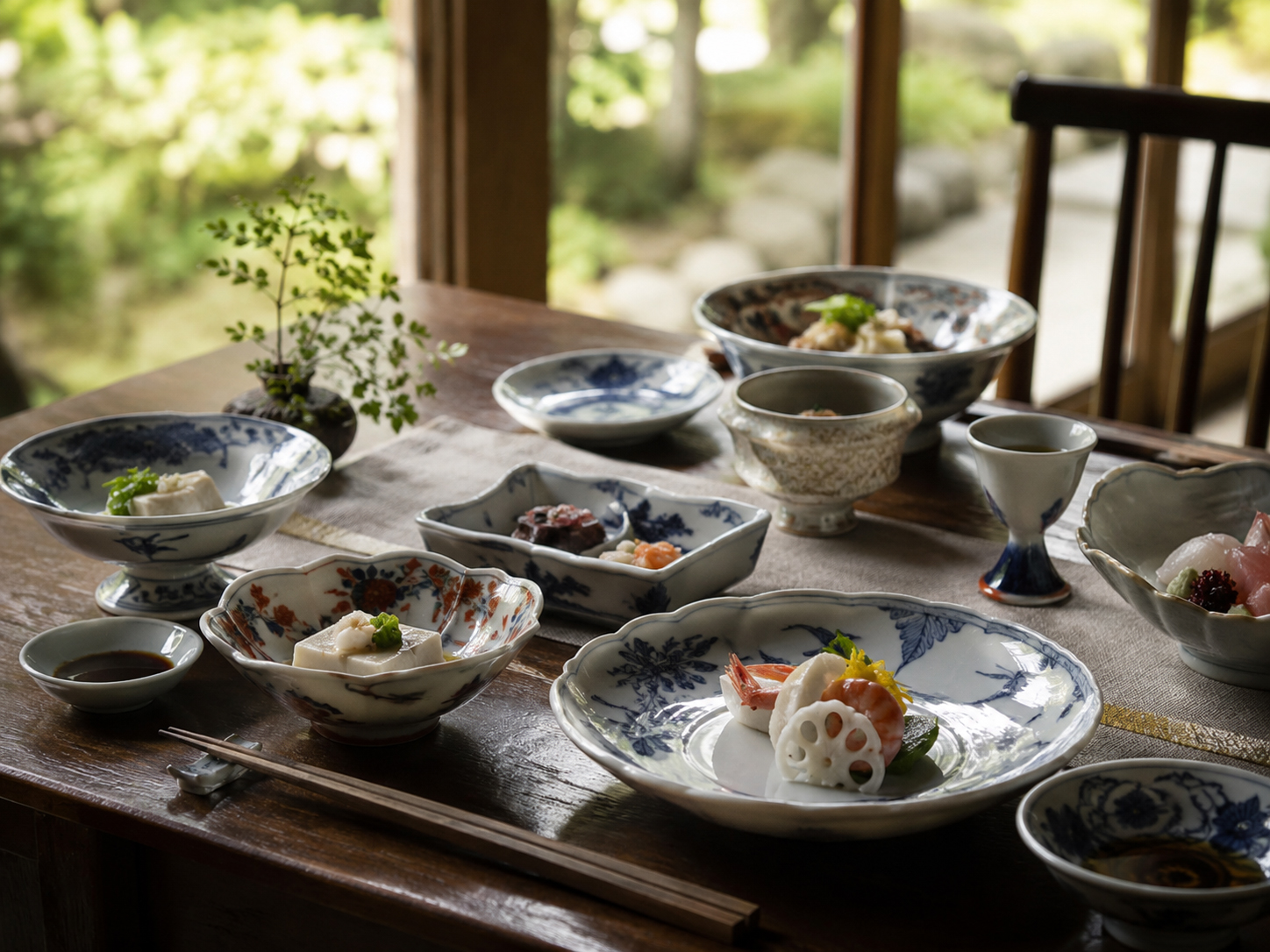 有田焼の器に佐賀牛、呼子のイカ、嬉野茶が並ぶ佐賀の食卓。
