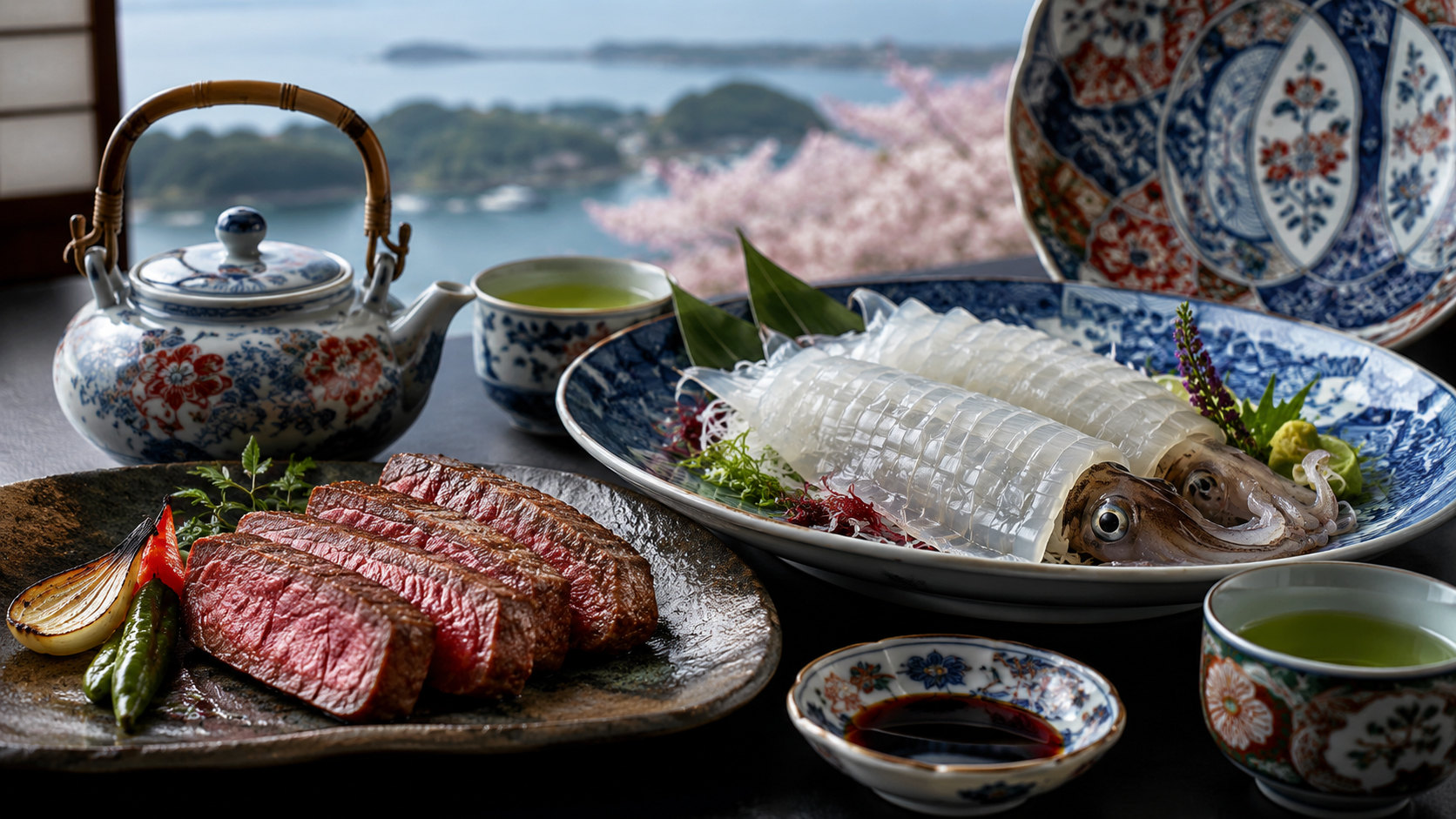 佐賀牛、呼子のイカ、嬉野茶、有田焼の器が並ぶ佐賀の食卓。