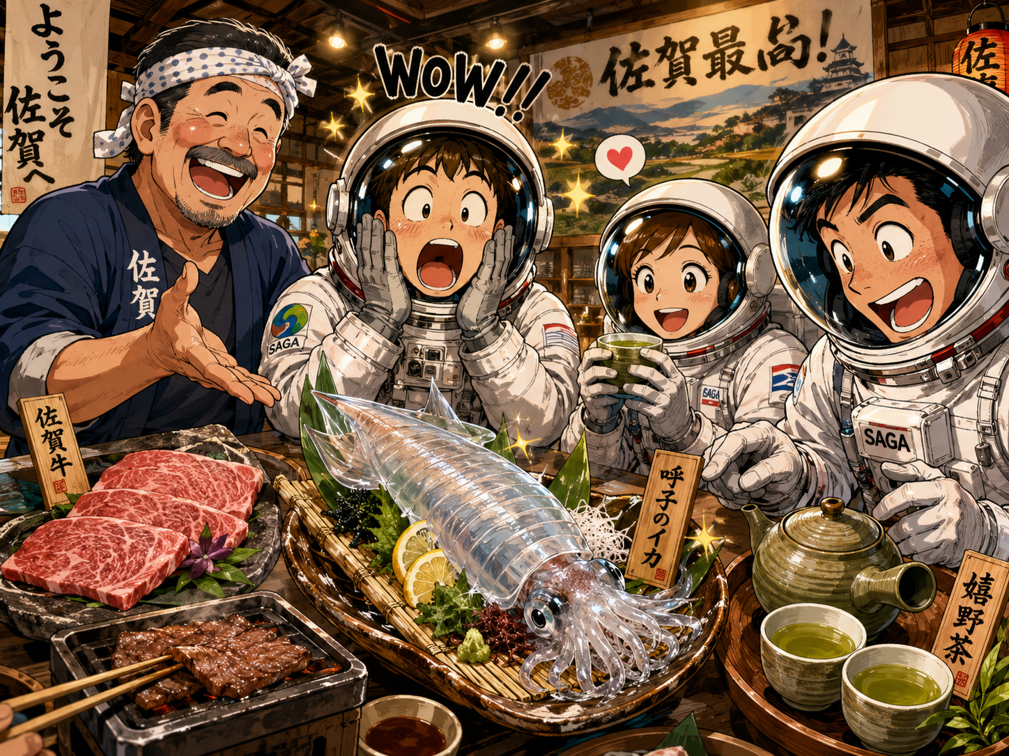 佐賀牛、呼子イカ、嬉野茶を前にする宇宙飛行士と佐賀のおじさん