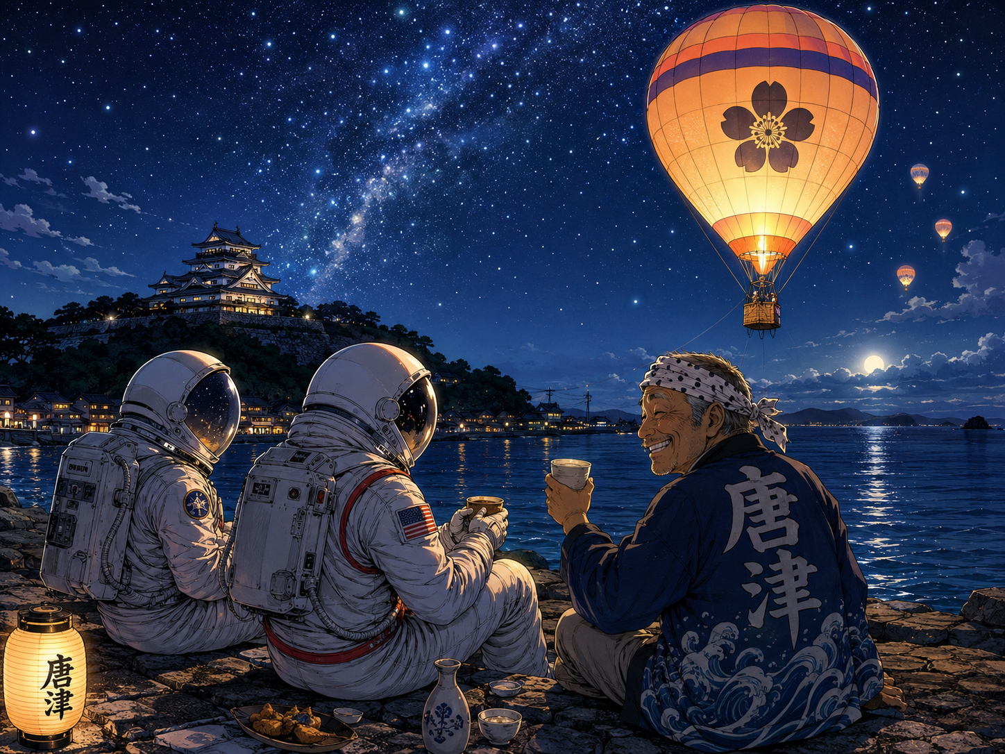 夜の唐津海岸、星、熱気球を眺める宇宙飛行士と佐賀のおじさん