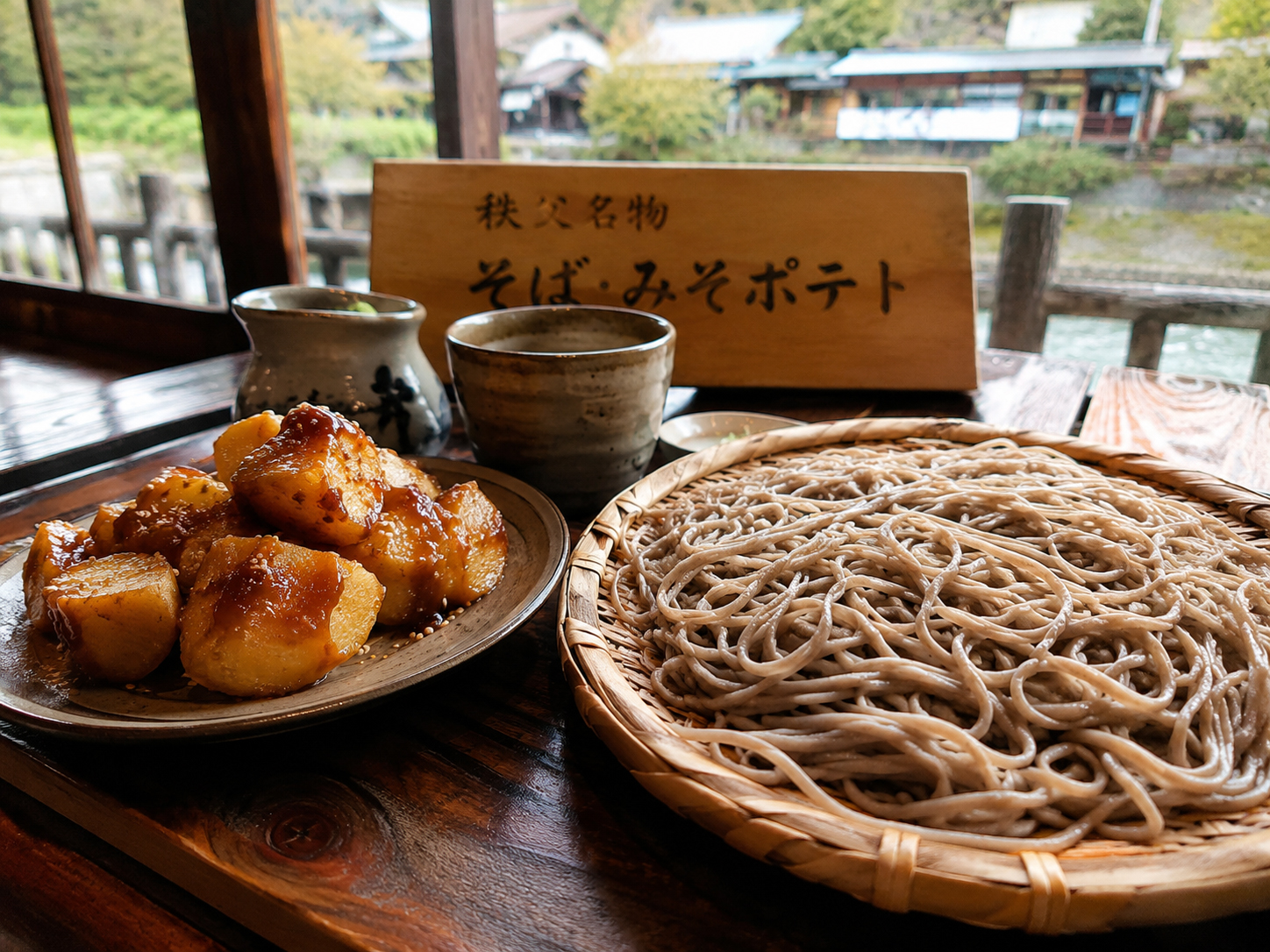秩父そば、みそポテト、山の食卓。