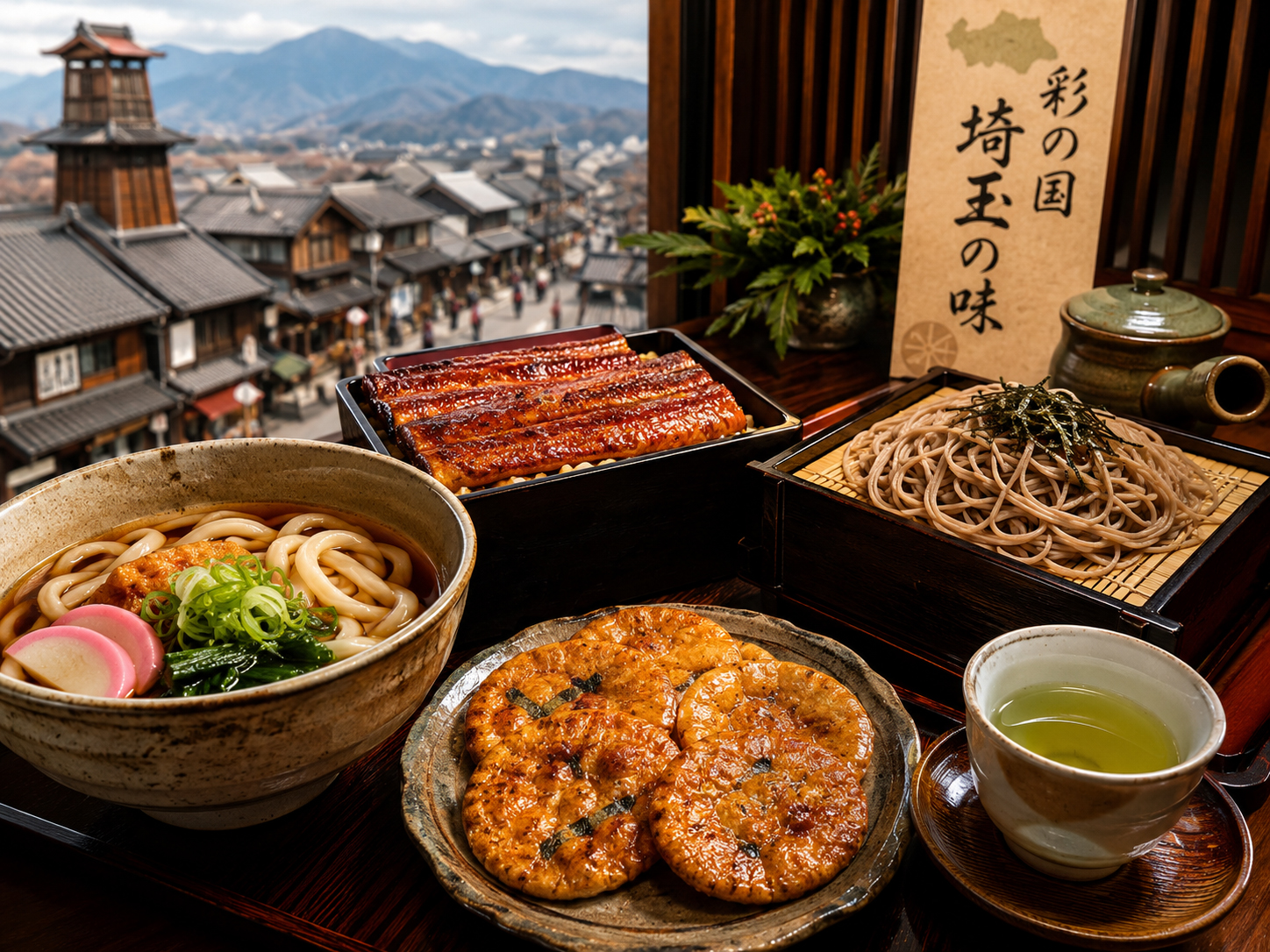 武蔵野うどん、川越うなぎ、草加せんべい、秩父そば、狭山茶が並ぶ埼玉の食卓。