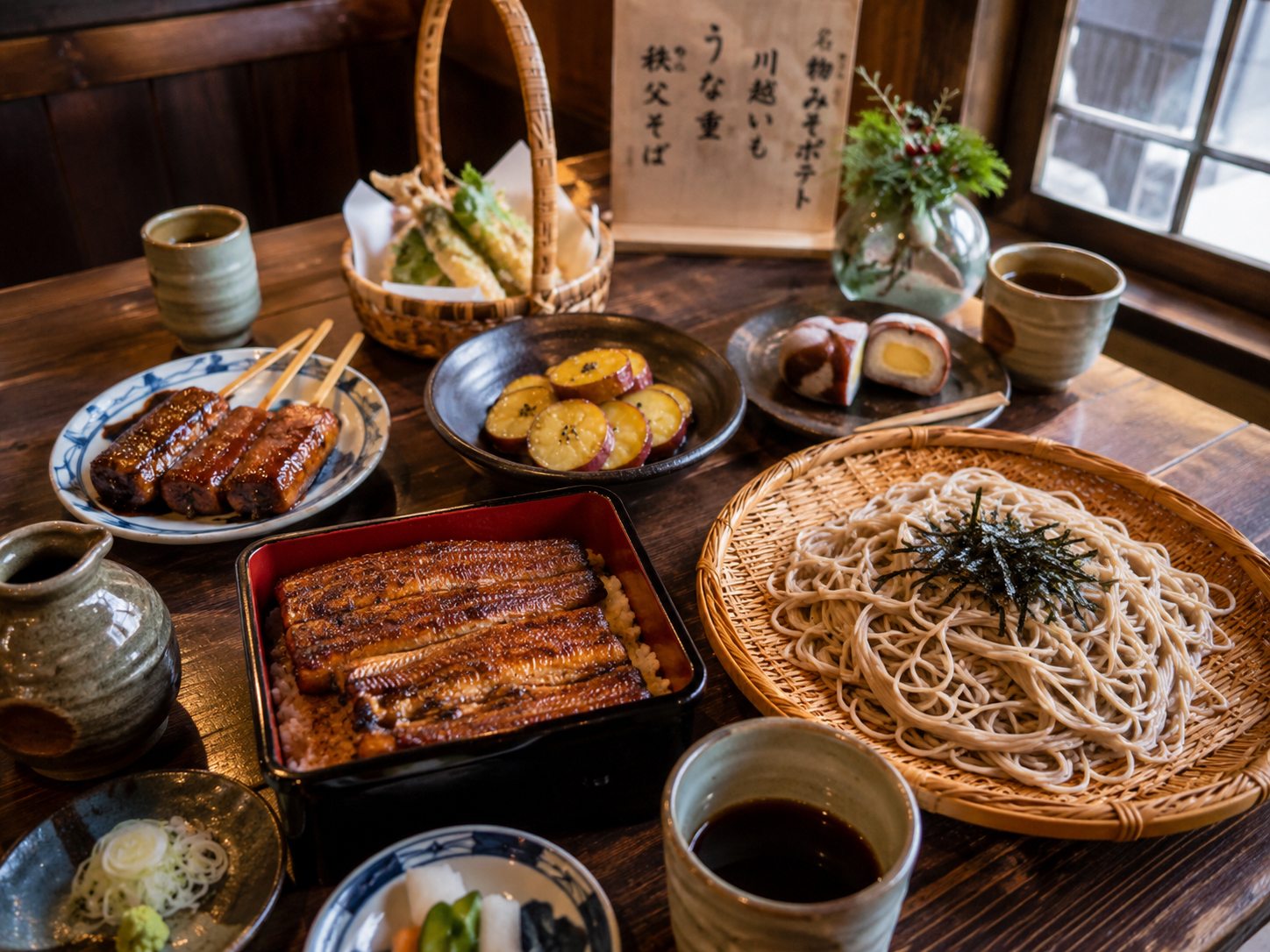 川越うなぎ、武蔵野うどん、草加せんべい、秩父そば、狭山茶が並ぶ埼玉の食卓。