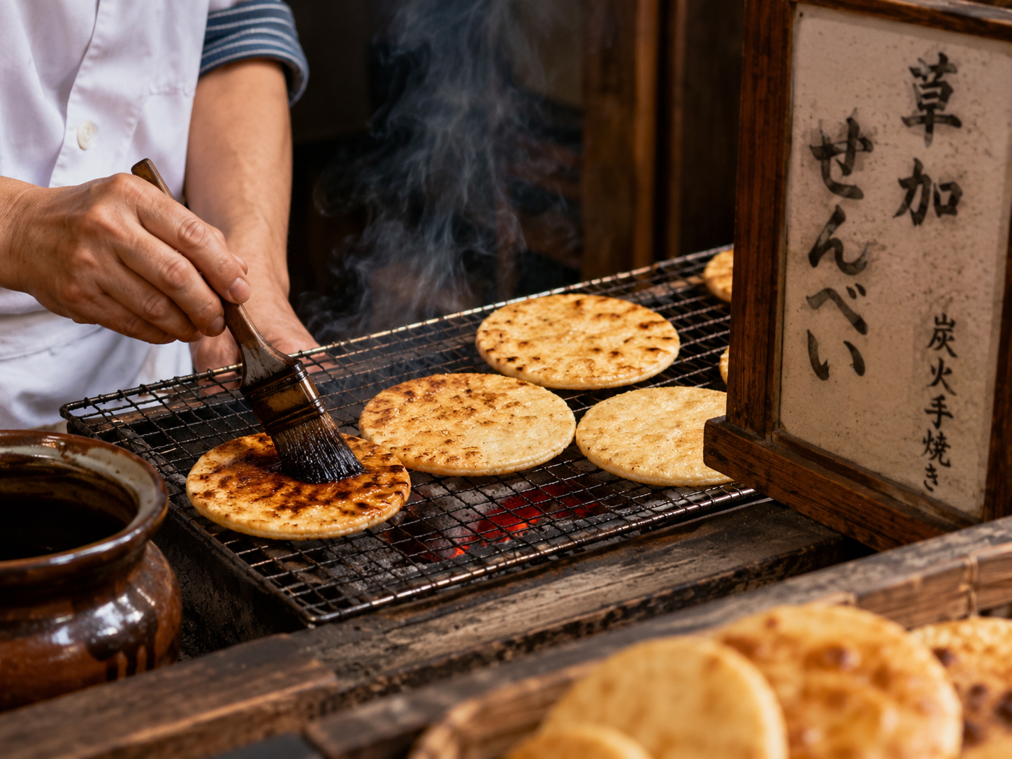 草加せんべいを焼く様子と醤油の香り。