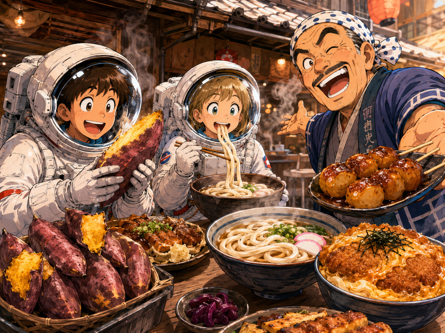 川越いも、うどん、味噌ポテトを前にする宇宙飛行士と埼玉のおじさん