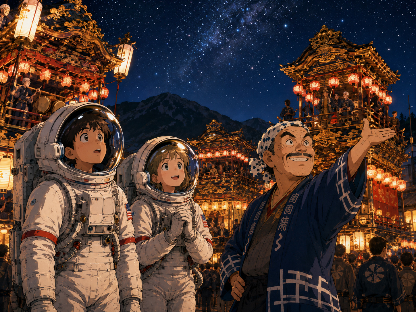 夜の秩父、祭り、星、山を眺める宇宙飛行士と埼玉のおじさん