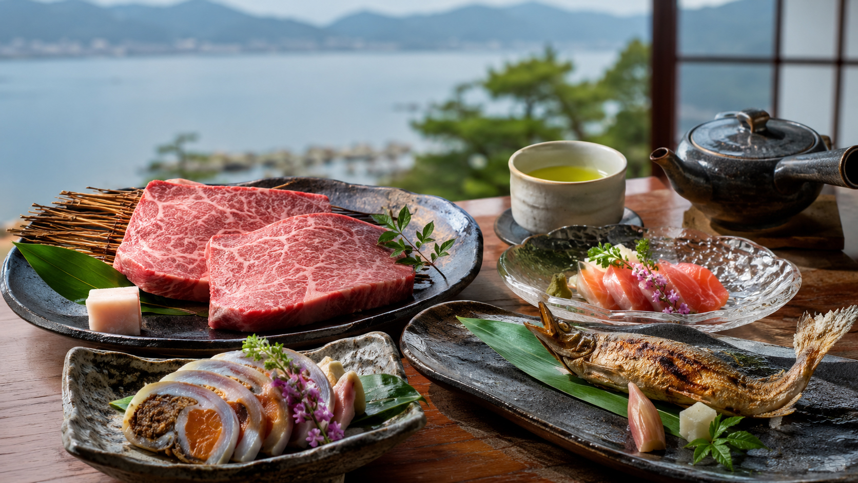 近江牛、鮒寿し、琵琶湖の湖魚、近江茶が並ぶ滋賀の食卓。
