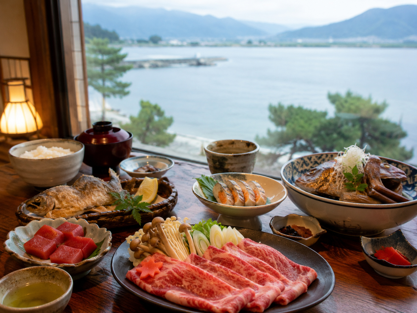 琵琶湖を背景に近江牛、鮒寿し、赤こんにゃく、湖魚、近江茶が並ぶ滋賀の食卓。