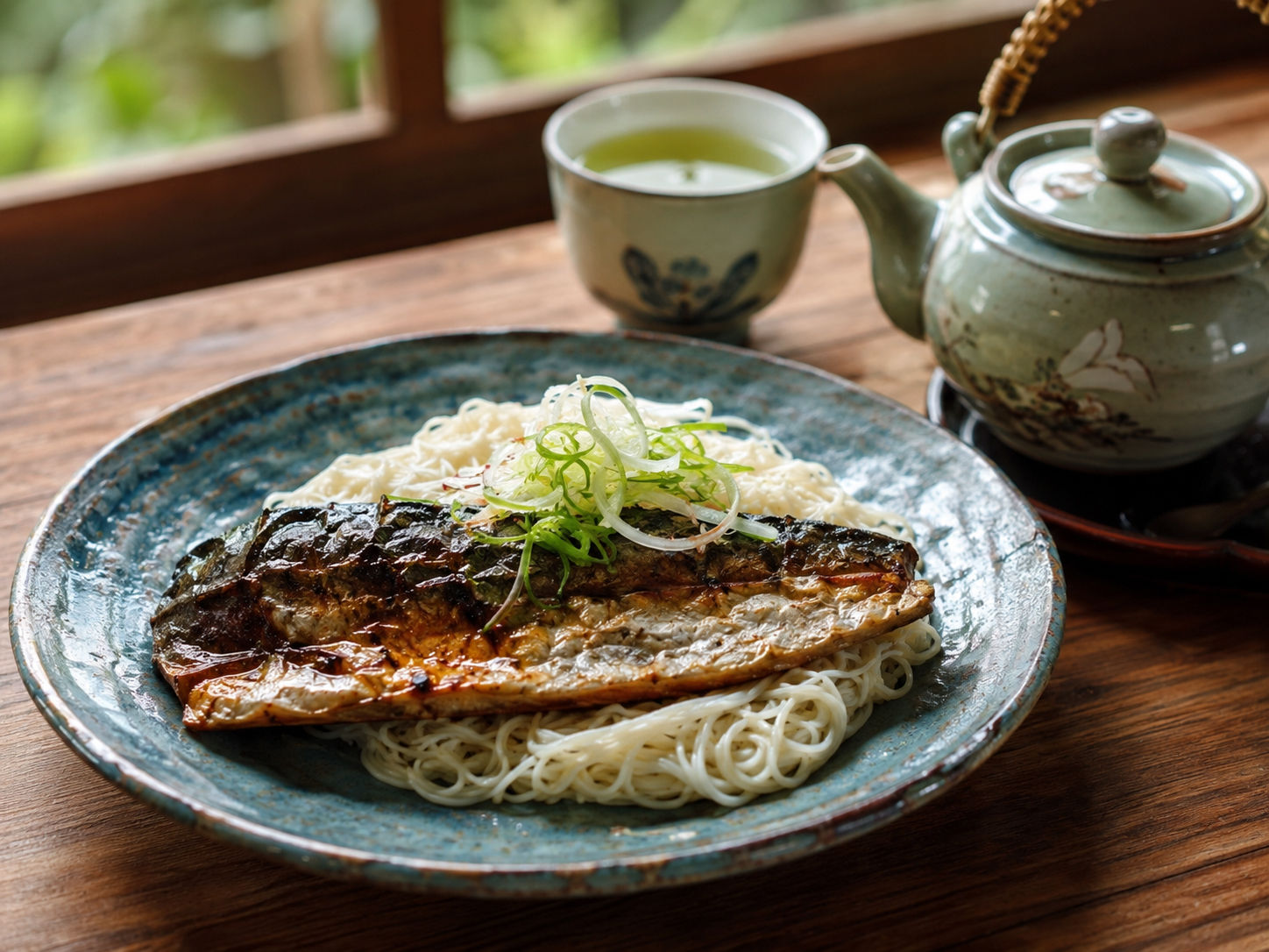 長浜の焼鯖そうめんと近江茶。