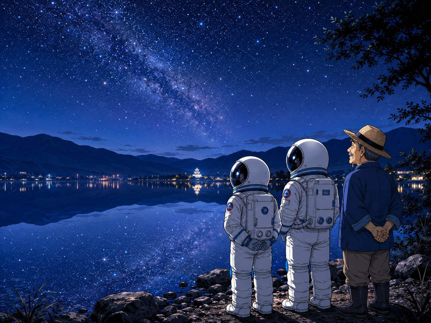 夜の琵琶湖、星、水面、城の灯りを眺める宇宙飛行士と滋賀のおじさん