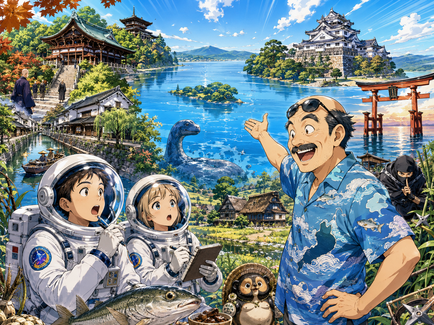 宇宙飛行士に琵琶湖、延暦寺、近江八幡を説明する滋賀のおじさん