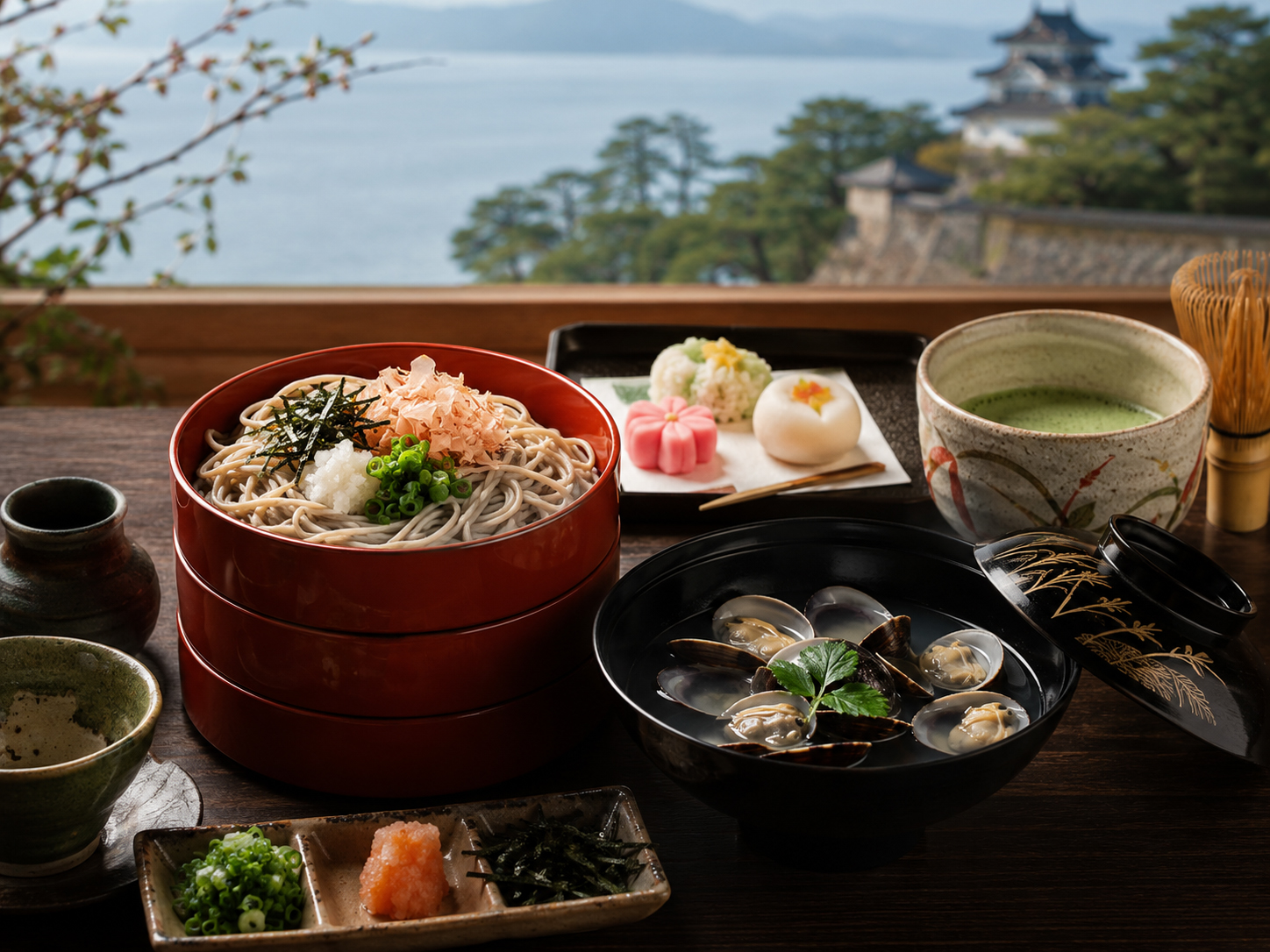 出雲そば、宍道湖しじみ、松江和菓子、抹茶、しまね和牛が並ぶ島根の食卓。