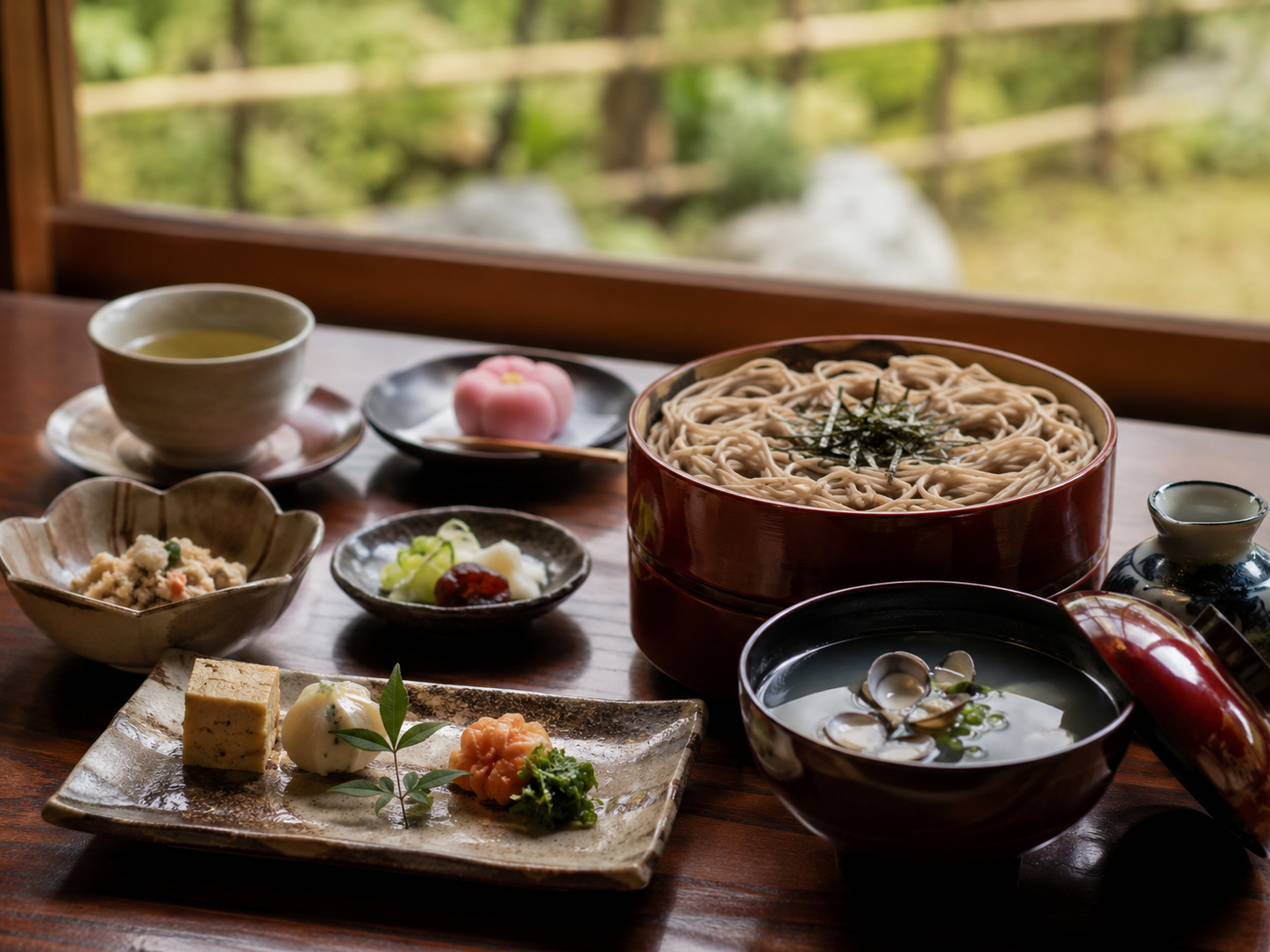 松江と出雲を思わせる食卓。出雲そば、しじみ汁、和菓子、抹茶、和牛が並ぶ。