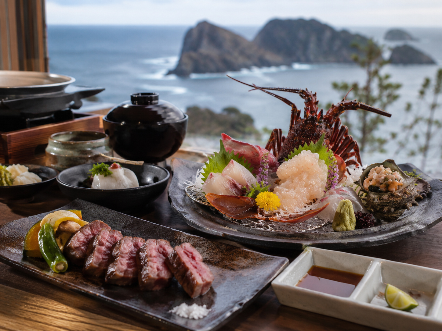 隠岐の島の海の幸と牛肉、島の食卓。