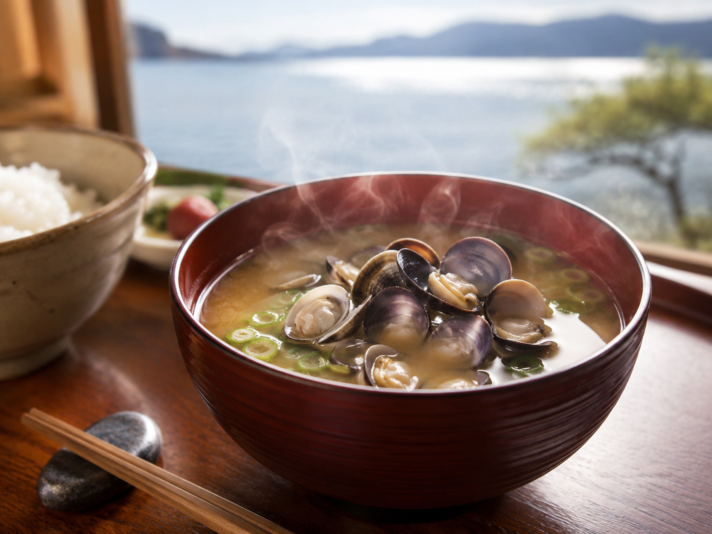 宍道湖しじみの味噌汁と湖畔の食卓。