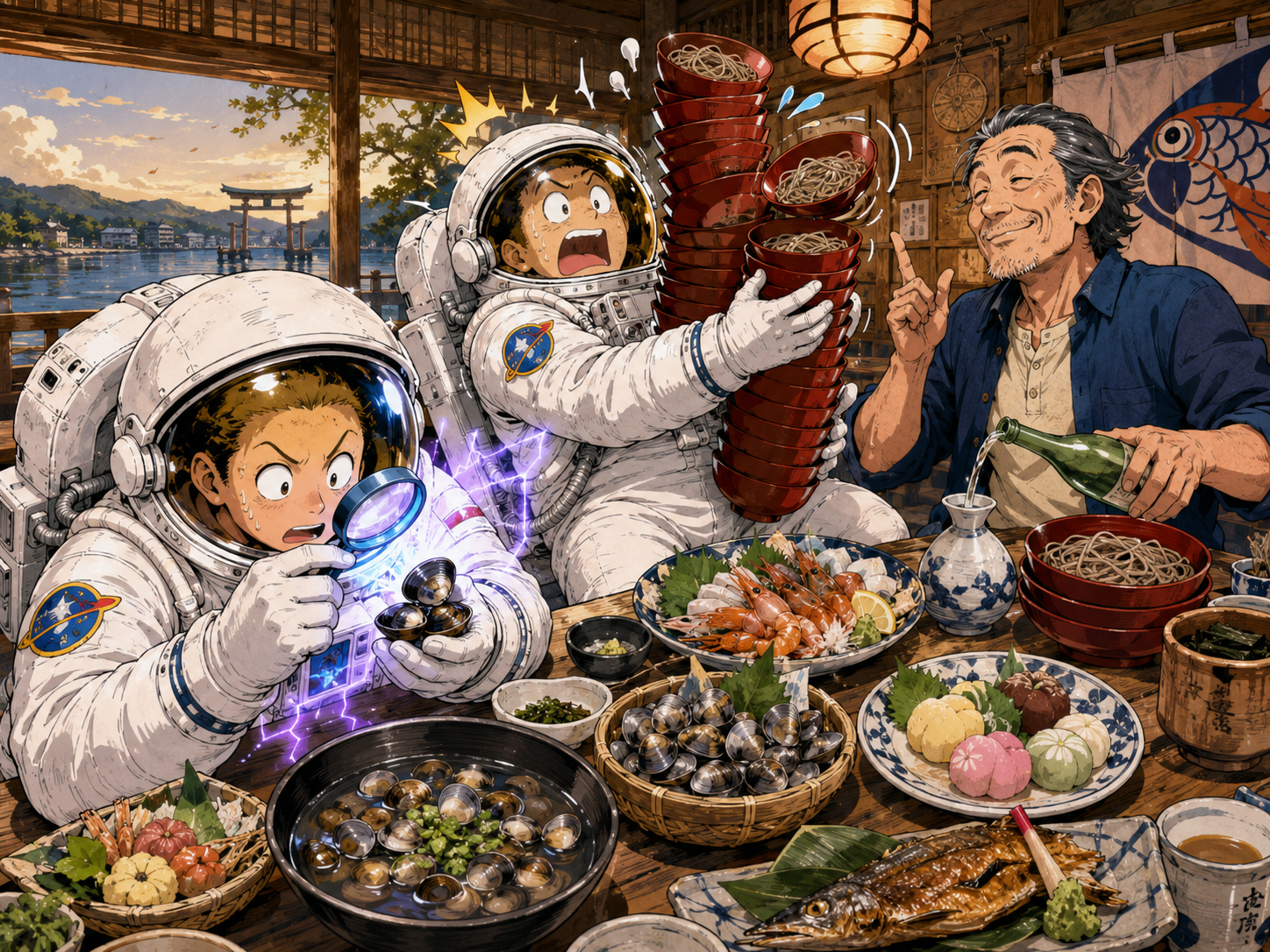 しじみ、出雲そば、日本酒を前にする宇宙飛行士と島根のおじさん