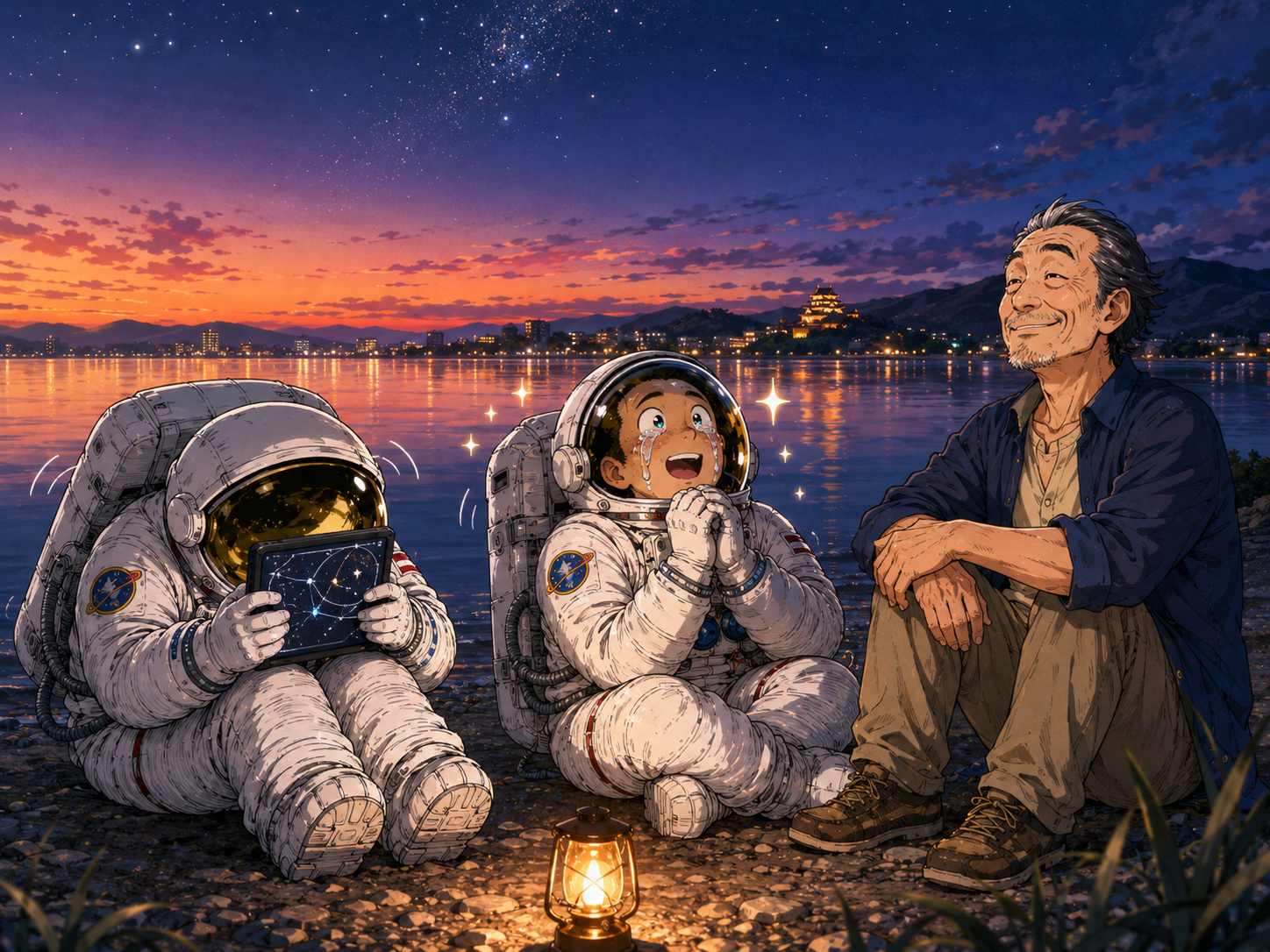 宍道湖の夕日と星を眺める宇宙飛行士と島根のおじさん