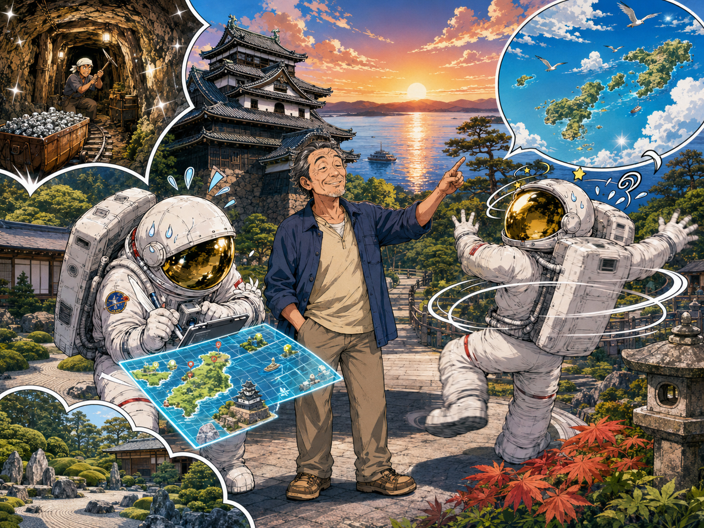 宇宙飛行士に松江、宍道湖、石見銀山を説明する島根のおじさん
