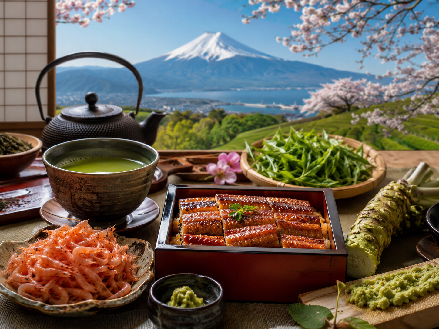 静岡茶、本わさび、桜えび、しらす、うなぎ、富士山が重なる静岡の食卓。