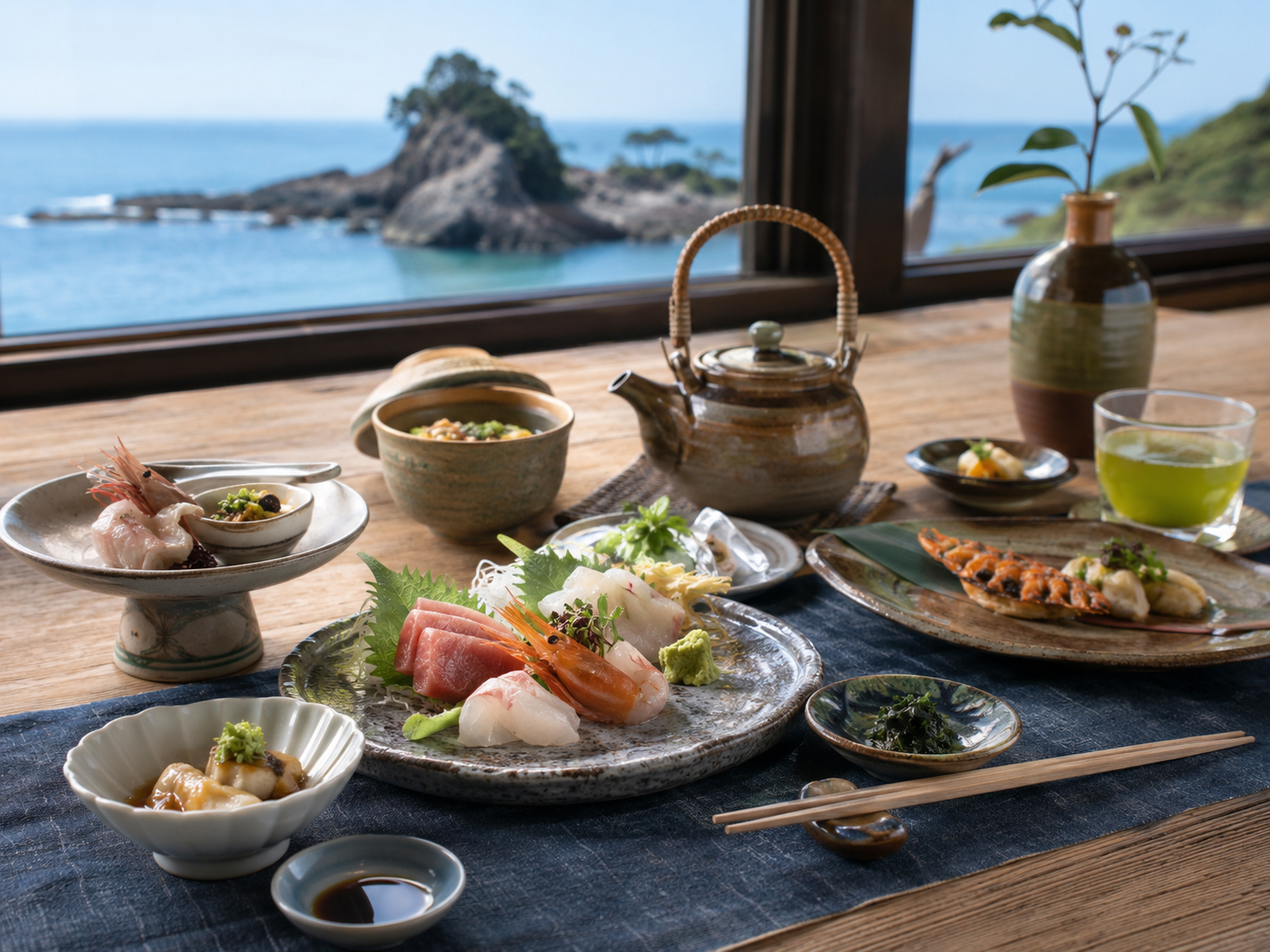 駿河湾の海の幸、静岡茶、わさび、桜えび、しらすが並ぶ静岡の食卓。