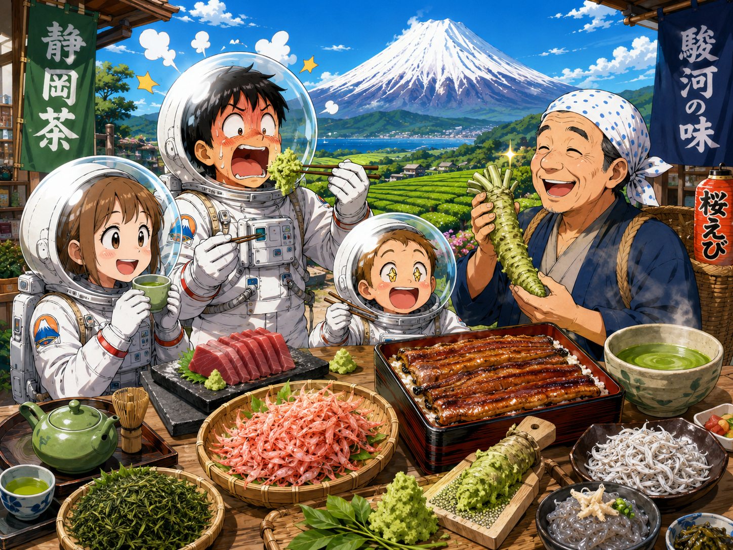 緑茶、わさび、うなぎ、桜えびを前にする宇宙飛行士と静岡のおじさん