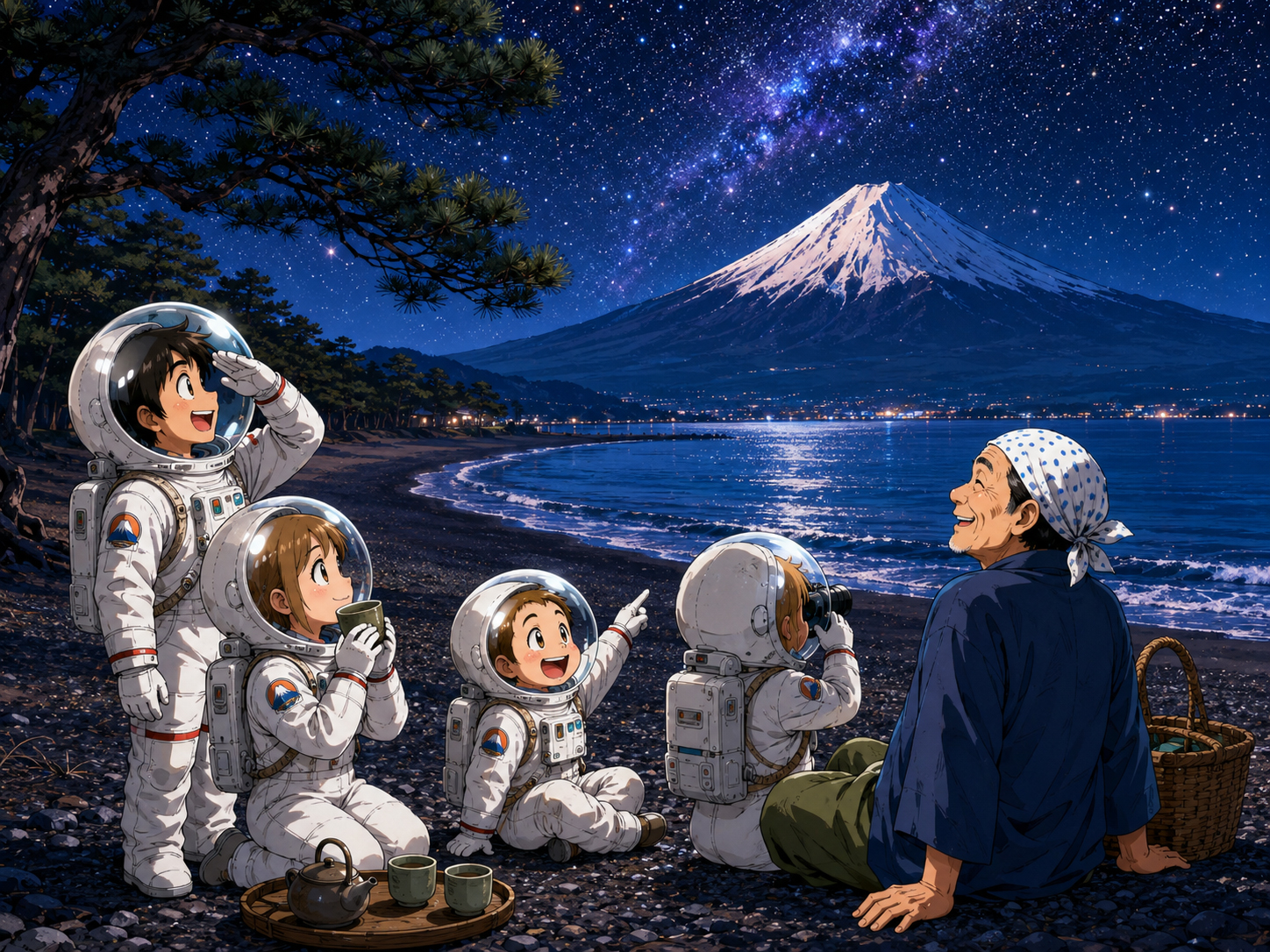 夜の三保松原、富士山、星、駿河湾を眺める宇宙飛行士と静岡のおじさん