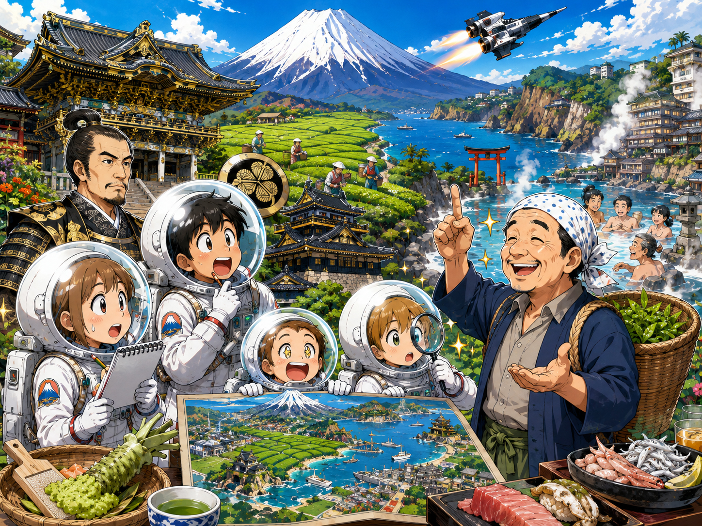 宇宙飛行士に富士山、伊豆、駿河湾、徳川を説明する静岡のおじさん