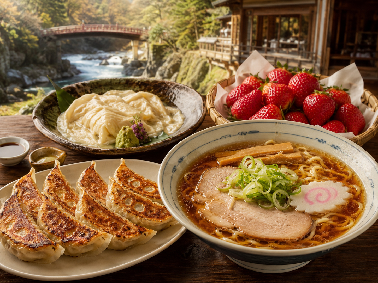 宇都宮餃子、日光湯波、とちぎのいちご、佐野ラーメンが並ぶ栃木の食卓。