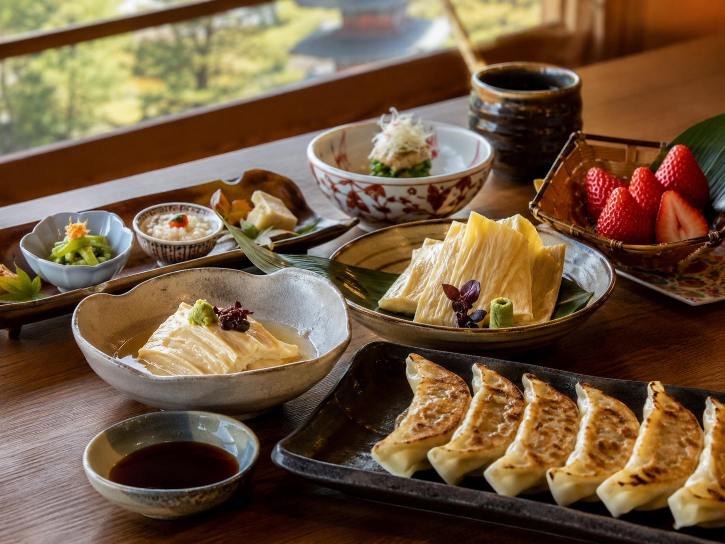 日光湯波、宇都宮餃子、とちぎのいちご、佐野ラーメンが並ぶ栃木の食卓。