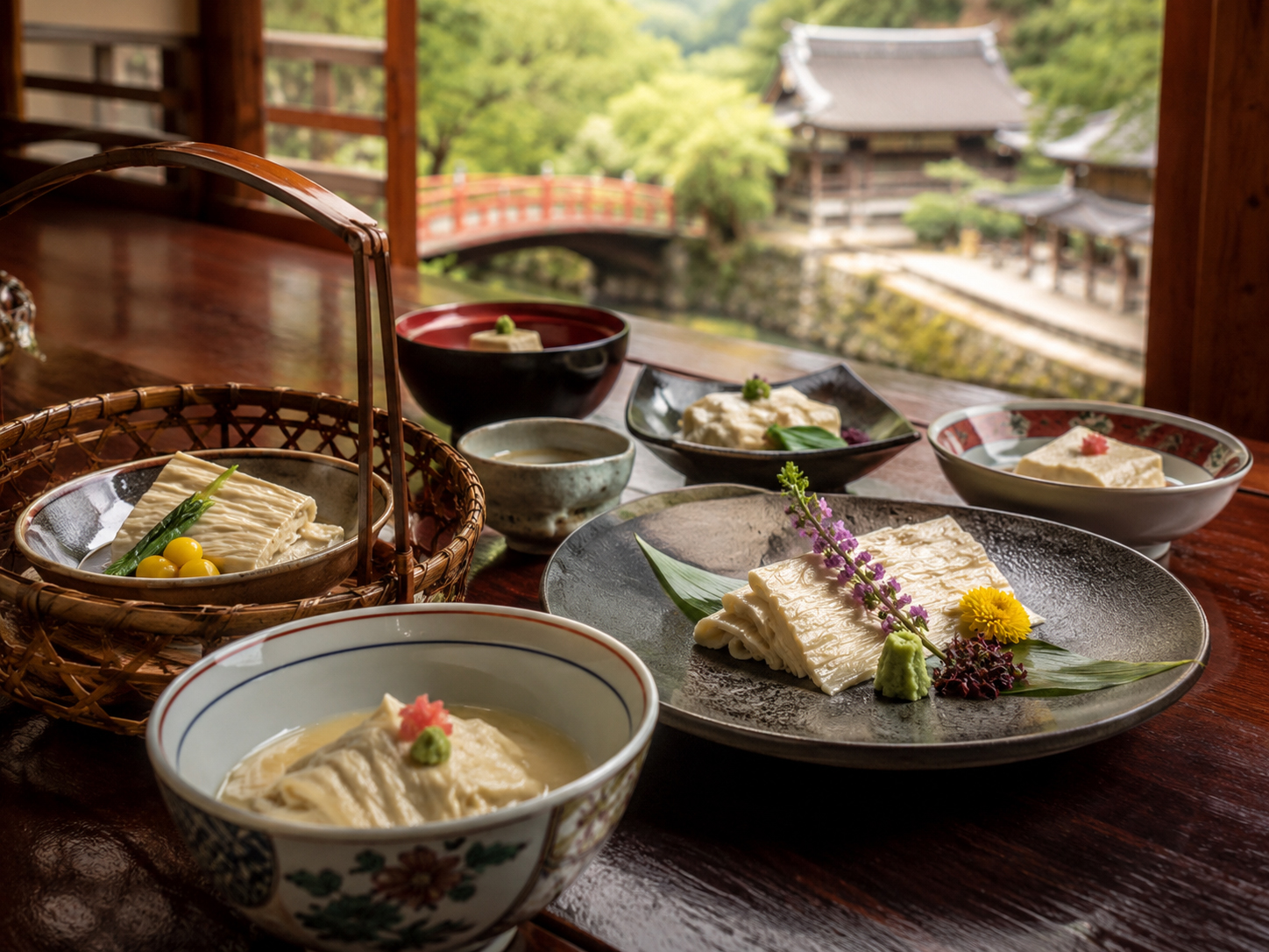 日光湯波、湯波刺し、湯波巻き、日光東照宮を思わせる食卓。