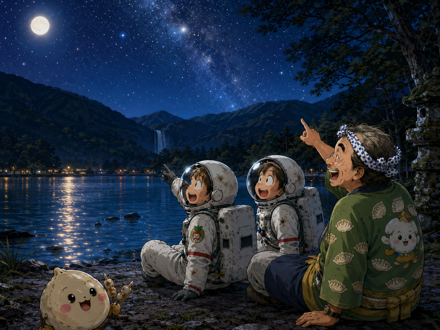 夜の中禅寺湖、星、山、華厳の滝の霧を眺める宇宙飛行士と栃木のおじさん
