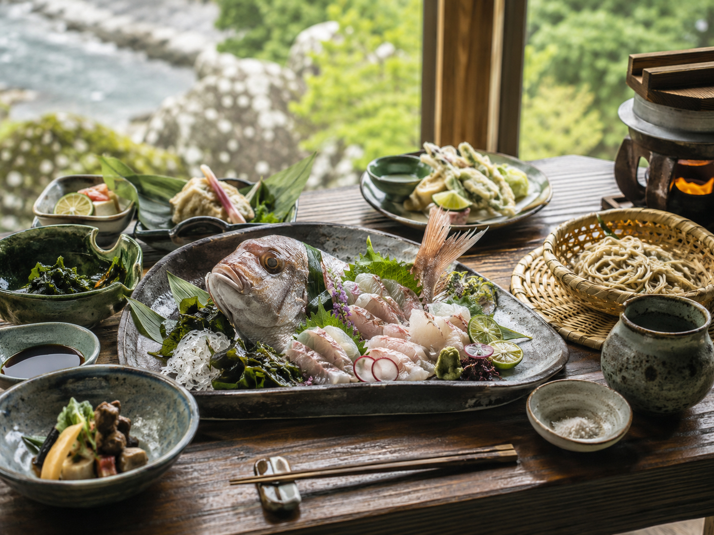 鳴門鯛、鳴門わかめ、祖谷そば、すだち、阿波尾鶏が並ぶ徳島の食卓。