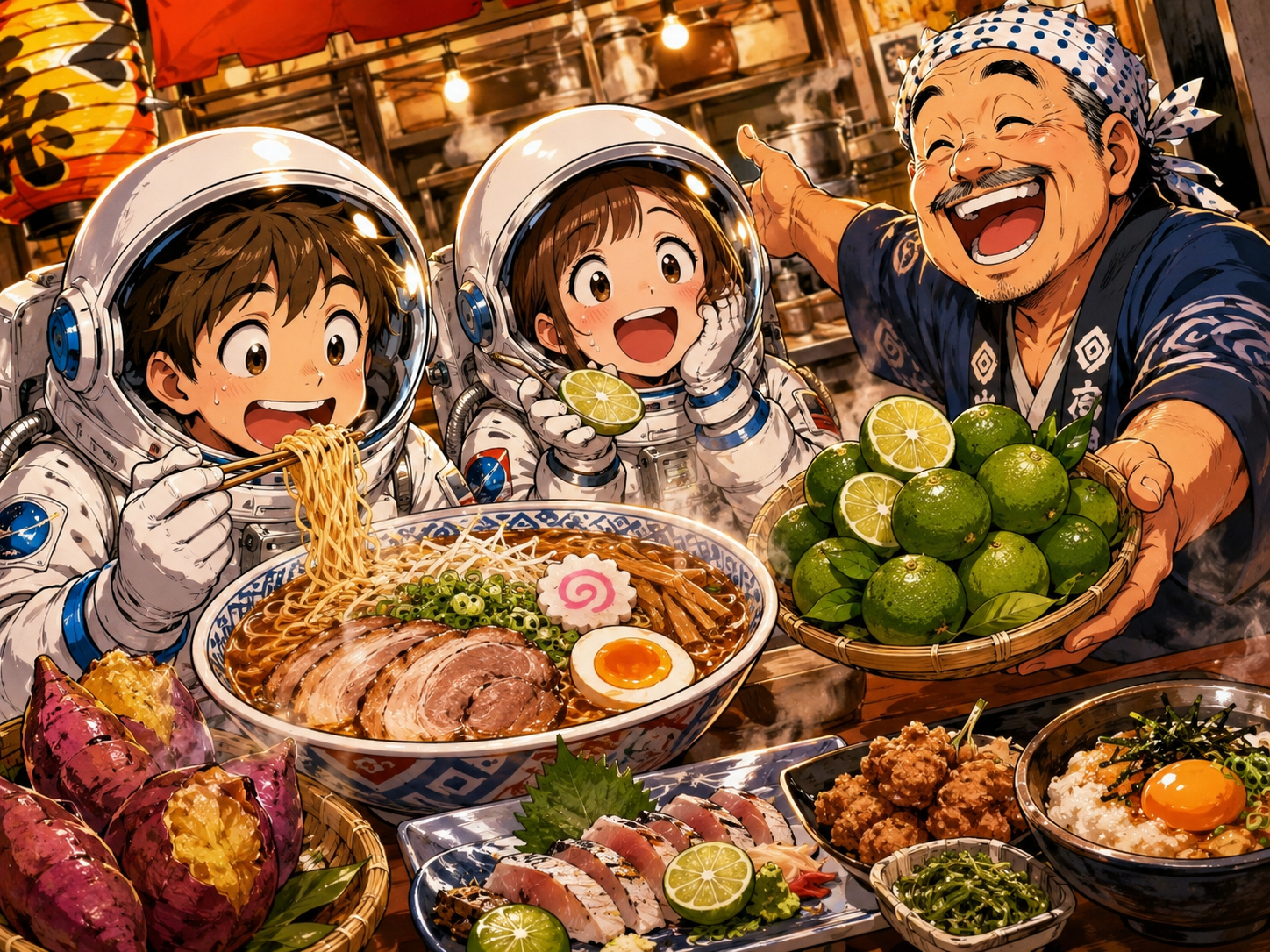 徳島ラーメン、すだち、鳴門金時を前にする宇宙飛行士と徳島のおじさん