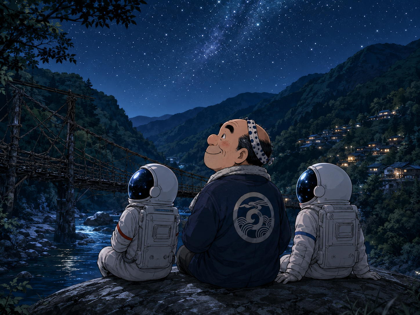 夜の祖谷渓、かずら橋、星、川を眺める宇宙飛行士と徳島のおじさん